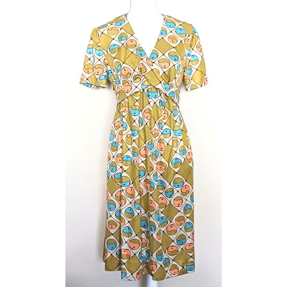 VTG 60s Mod Chartreuse Aqua Print Knee Length Dress Tie Back Sz S/M - Picture 5 of 5